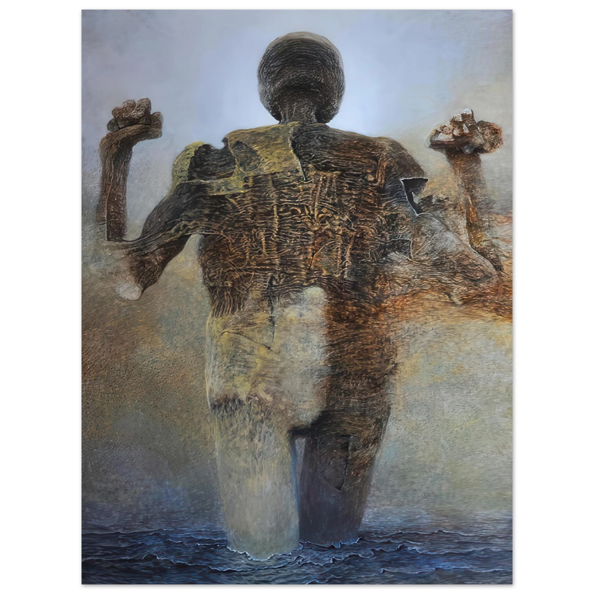 Zdzisław Beksiński Raised Arms Figure poster depicting a mysterious textured humanoid standing in dark water with both arms raised against a pale blue-gray sky.