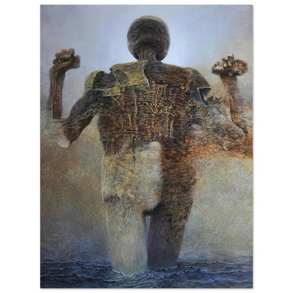 Zdzisław Beksiński Raised Arms Figure poster depicting a mysterious textured humanoid standing in dark water with both arms raised against a pale blue-gray sky.