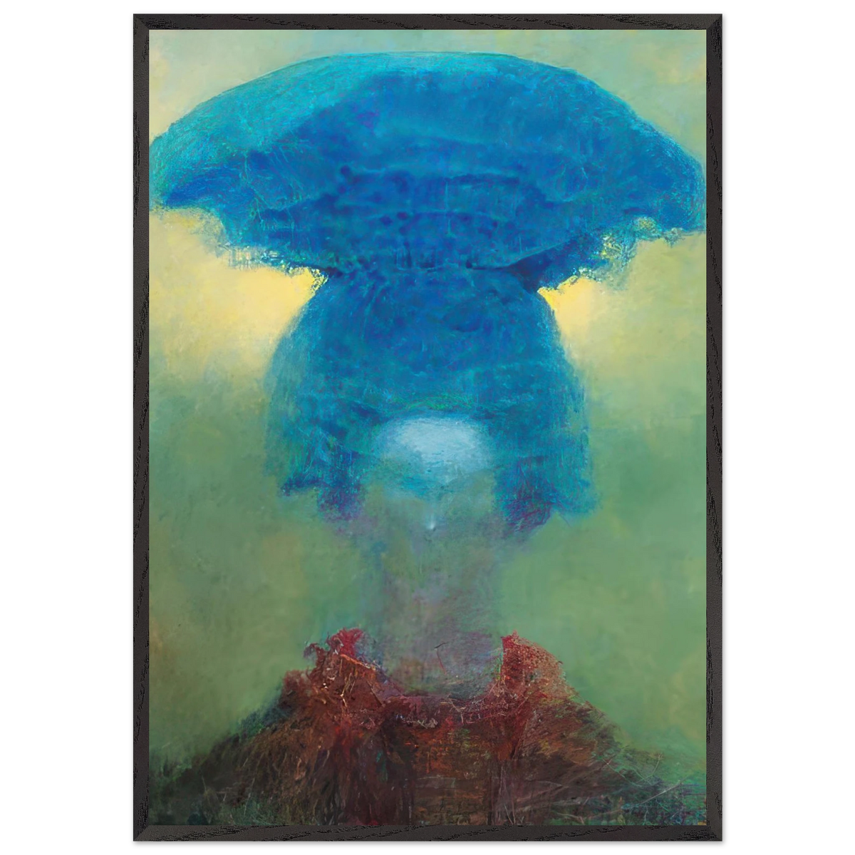 Zdzisław Beksiński Blue Volcanic Eruption framed print featuring a monumental turquoise-blue volcano with a mushroom-shaped cloud above a misty green landscape.