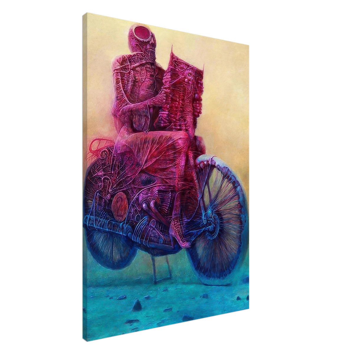 Zdzisław Beksiński surreal artwork depicting two biomechanical figures riding a futuristic motorcycle in vivid pink, blue, and turquoise tones.