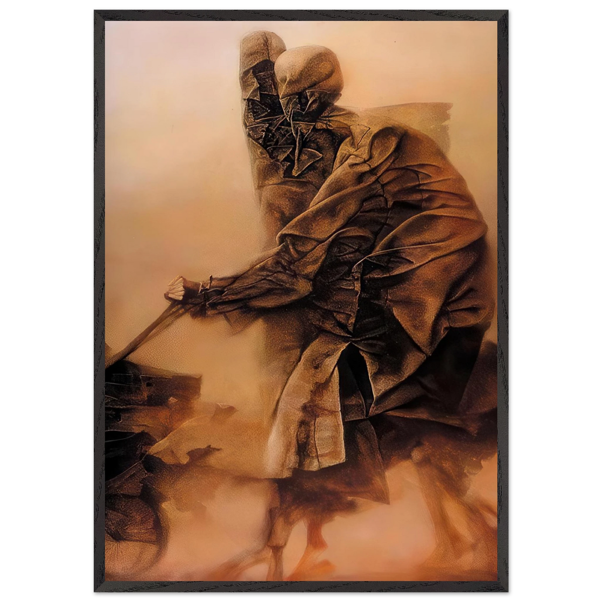 Zdzisław Beksiński Surreal Humanoid framed print showing mysterious blue-green wrapped figures with pale circular features and skeletal hands against a bright yellow background.