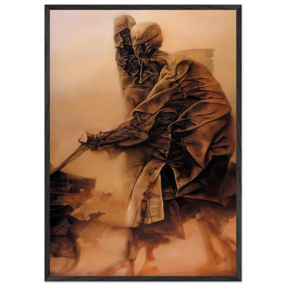 Zdzisław Beksiński Surreal Humanoid framed print showing mysterious blue-green wrapped figures with pale circular features and skeletal hands against a bright yellow background.