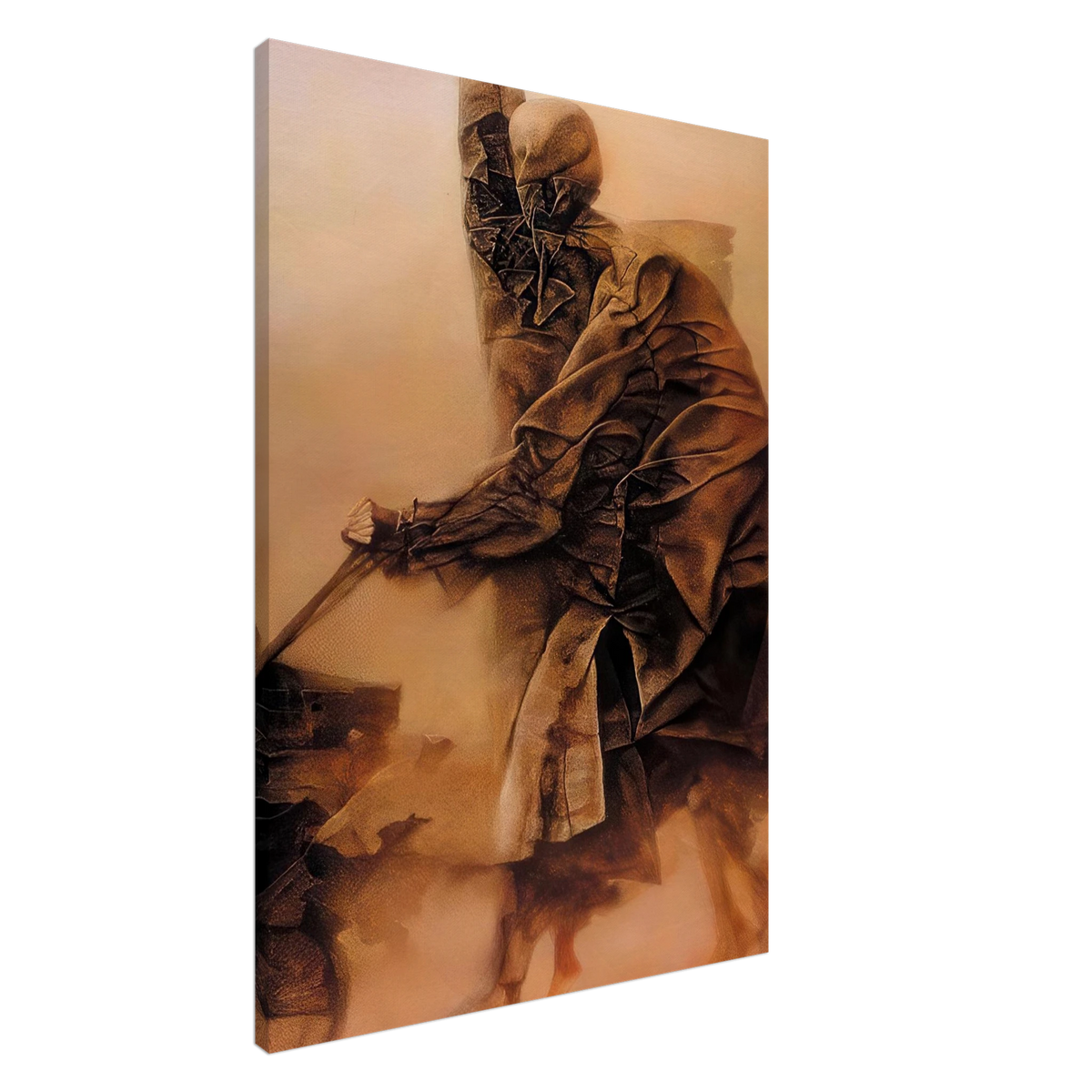 Zdzisław Beksiński Mysterious Hooded Figures canvas print depicting two faceless cloaked figures in layered sepia garments surrounded by amber-colored mist.