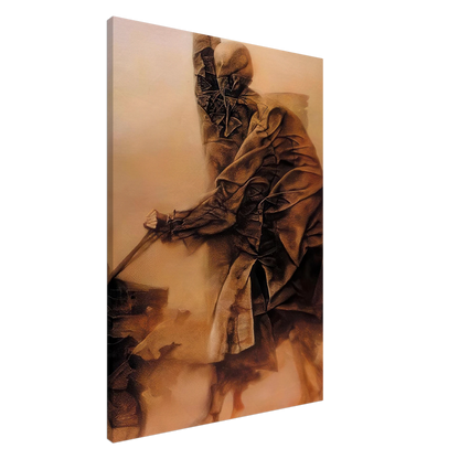 Zdzisław Beksiński Mysterious Hooded Figures canvas print depicting two faceless cloaked figures in layered sepia garments surrounded by amber-colored mist.