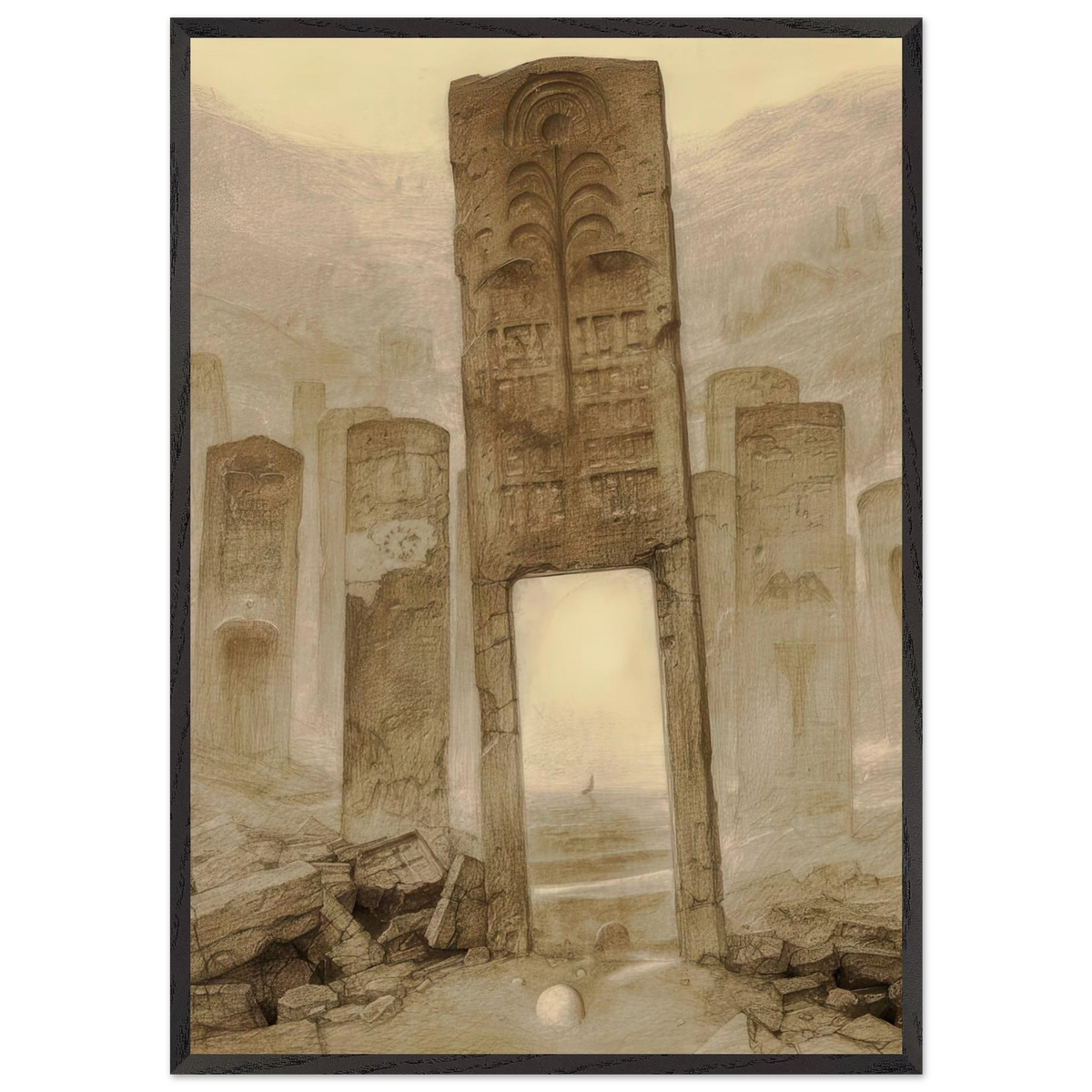 Zdzisław Beksiński Stone Portal framed print showing a towering carved stone doorway among ancient pillars and broken ruins in a soft beige surreal landscape.