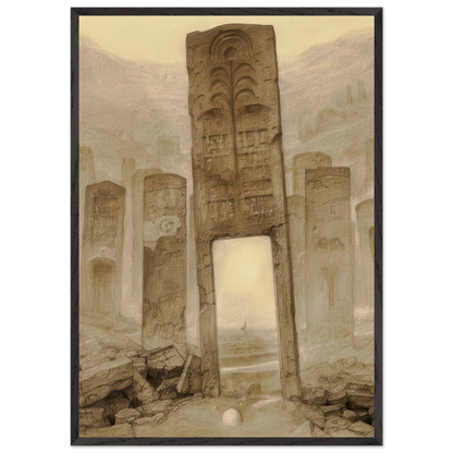 Zdzisław Beksiński Stone Portal framed print showing a towering carved stone doorway among ancient pillars and broken ruins in a soft beige surreal landscape.