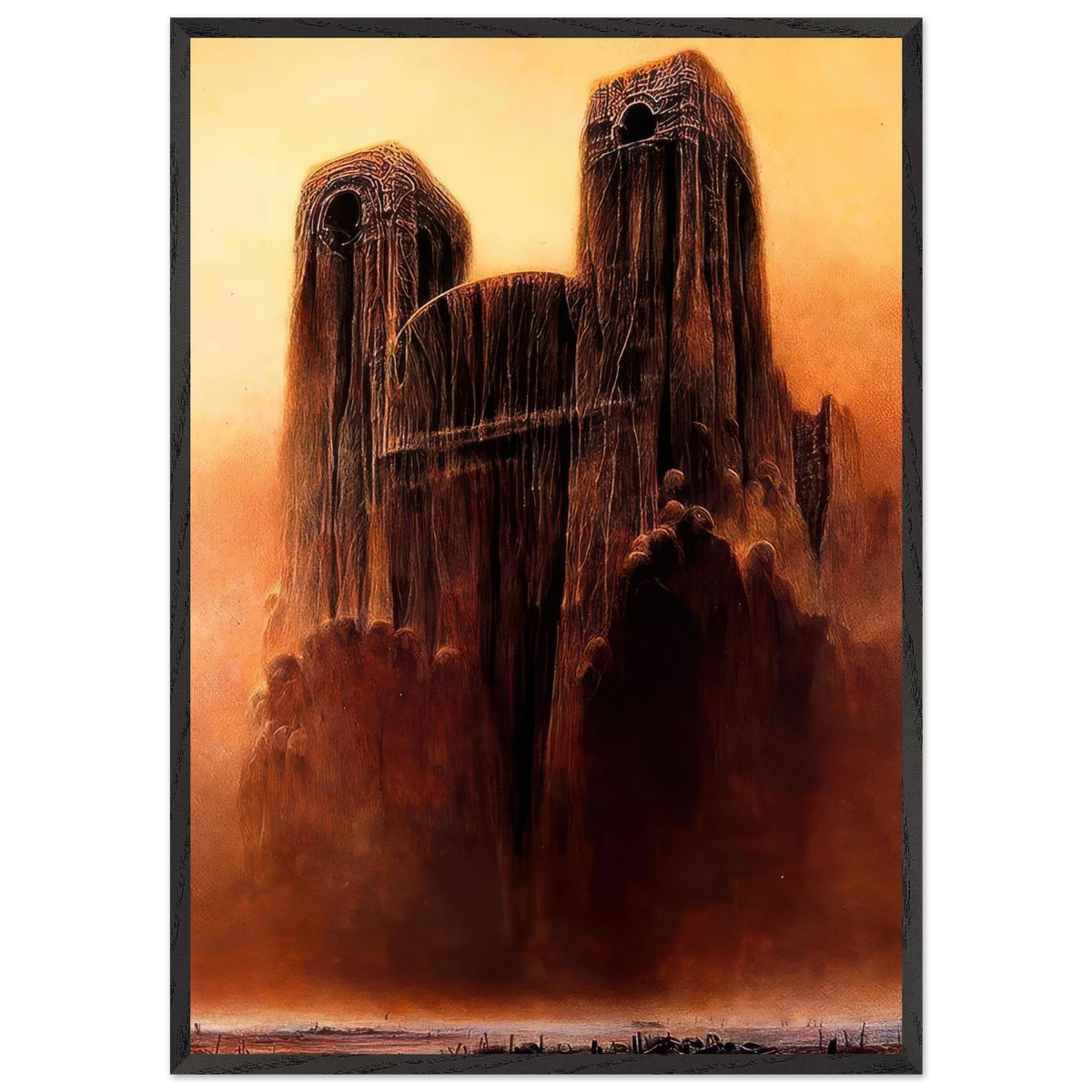 Zdzisław Beksiński framed print depicting a haunting Gothic fortress with two towering dark structures, hollow circular openings, and mysterious hooded figures surrounded by fiery orange mist.