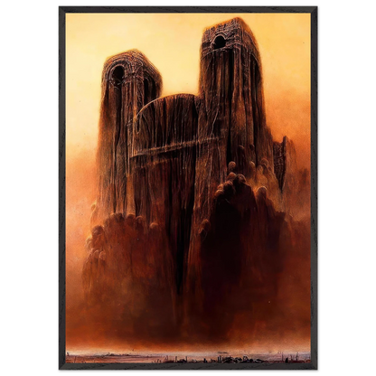 Zdzisław Beksiński framed print depicting a haunting Gothic fortress with two towering dark structures, hollow circular openings, and mysterious hooded figures surrounded by fiery orange mist.