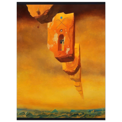 Zdzisław Beksiński Untitled floating tower poster featuring a monumental orange surreal structure suspended above a distant landscape beneath a glowing golden sky.