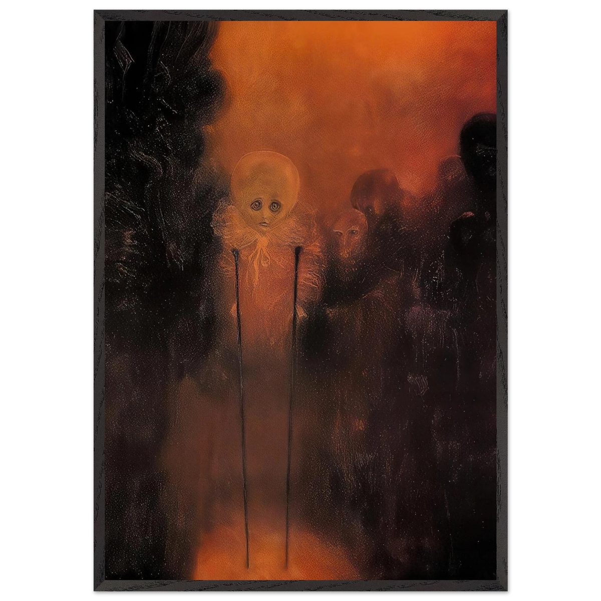 Zdzisław Beksiński Ghostly Figures framed print showing a pale wide-eyed humanoid surrounded by dark mysterious figures against a fiery orange-red background.