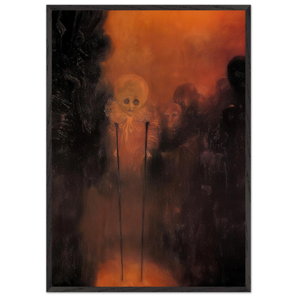 Zdzisław Beksiński Ghostly Figures framed print showing a pale wide-eyed humanoid surrounded by dark mysterious figures against a fiery orange-red background.