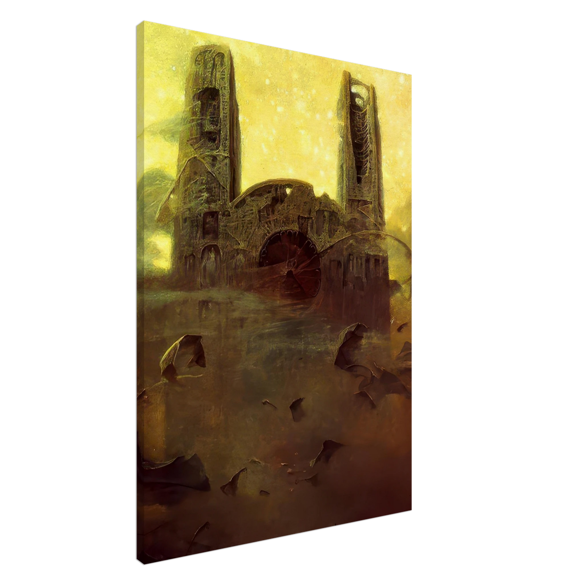 Zdzisław Beksiński Apocalyptic Ruins canvas print featuring two monumental decaying towers and a mysterious circular structure beneath a glowing golden-yellow surreal sky.