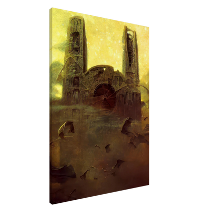 Zdzisław Beksiński Apocalyptic Ruins canvas print featuring two monumental decaying towers and a mysterious circular structure beneath a glowing golden-yellow surreal sky.