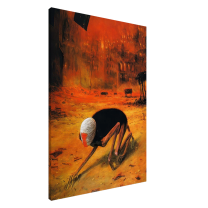 Zdzisław Beksiński Apocalyptic Creature canvas print depicting a skeletal humanoid with a white mask-like head crouching among ruins beneath a blazing red-orange sky.