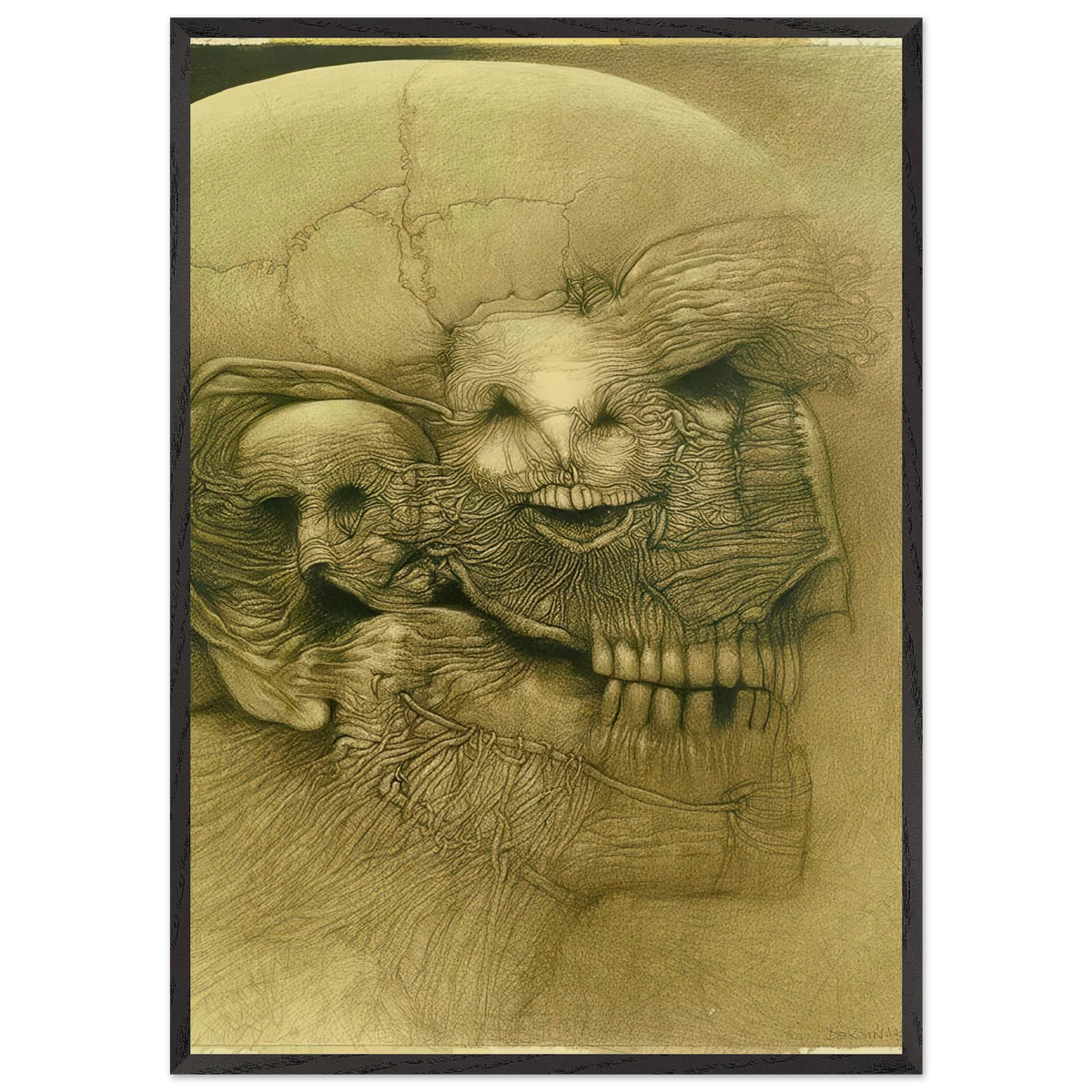 Zdzisław Beksiński Distorted Skull framed print featuring a grotesque skeletal face with exposed teeth, hollow eyes, deeply wrinkled features, and intricate sepia linework.