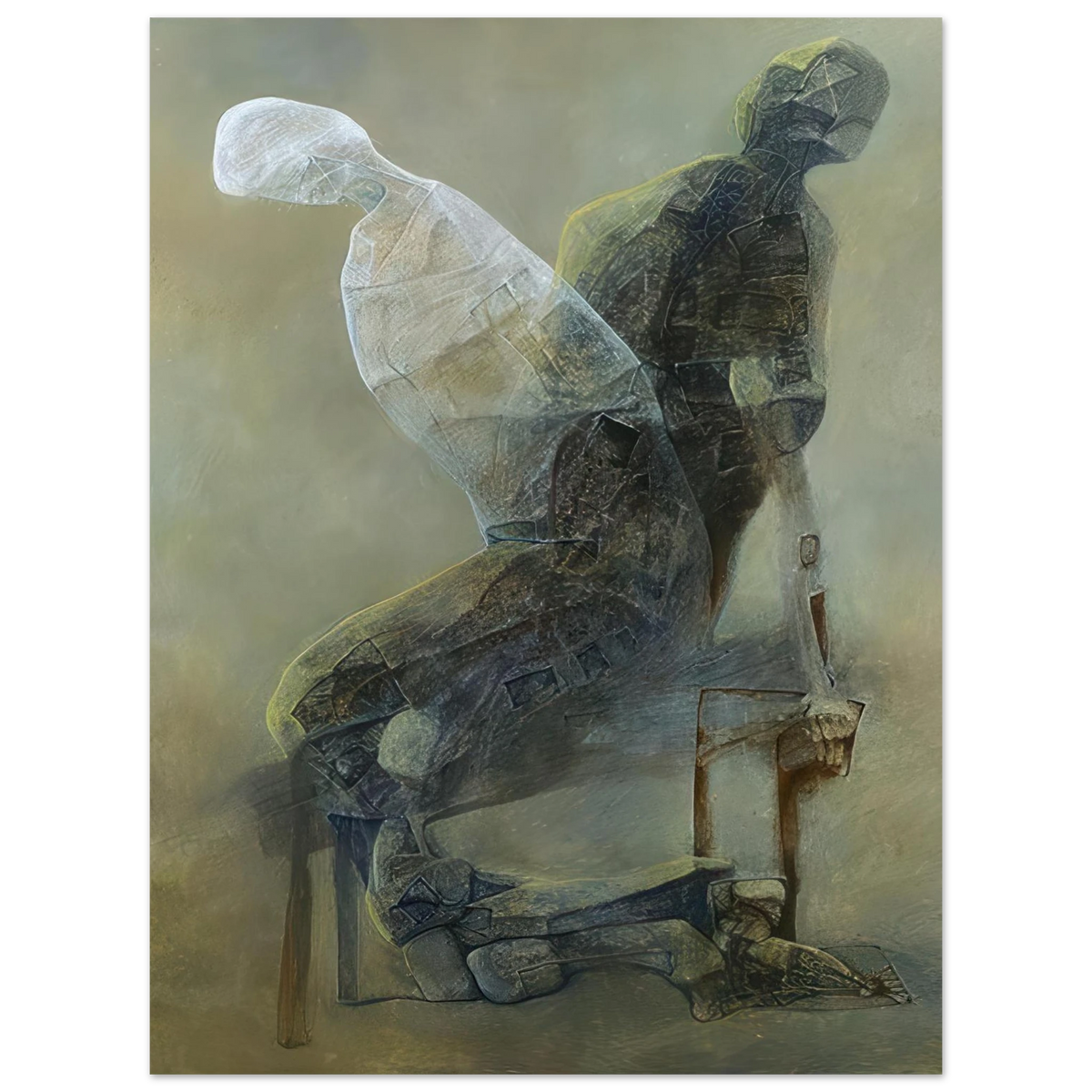 An abstract painting depicting two layered human figures seated on chairs, rendered in muted gray, brown, and beige tones with a smoky, translucent effect.