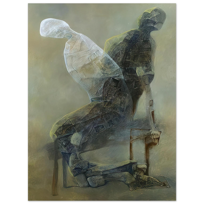 An abstract painting depicting two layered human figures seated on chairs, rendered in muted gray, brown, and beige tones with a smoky, translucent effect.