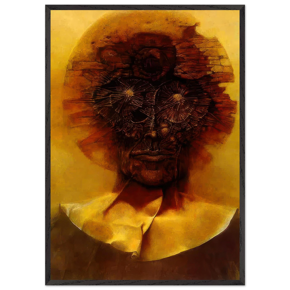 Zdzisław Beksiński Haunting Face framed print featuring a distorted dark reddish-brown portrait with radiating eye details, fractured facial textures, and a glowing golden-yellow background.