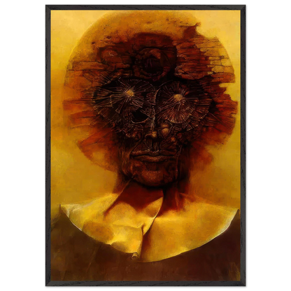Zdzisław Beksiński Haunting Face framed print featuring a distorted dark reddish-brown portrait with radiating eye details, fractured facial textures, and a glowing golden-yellow background.