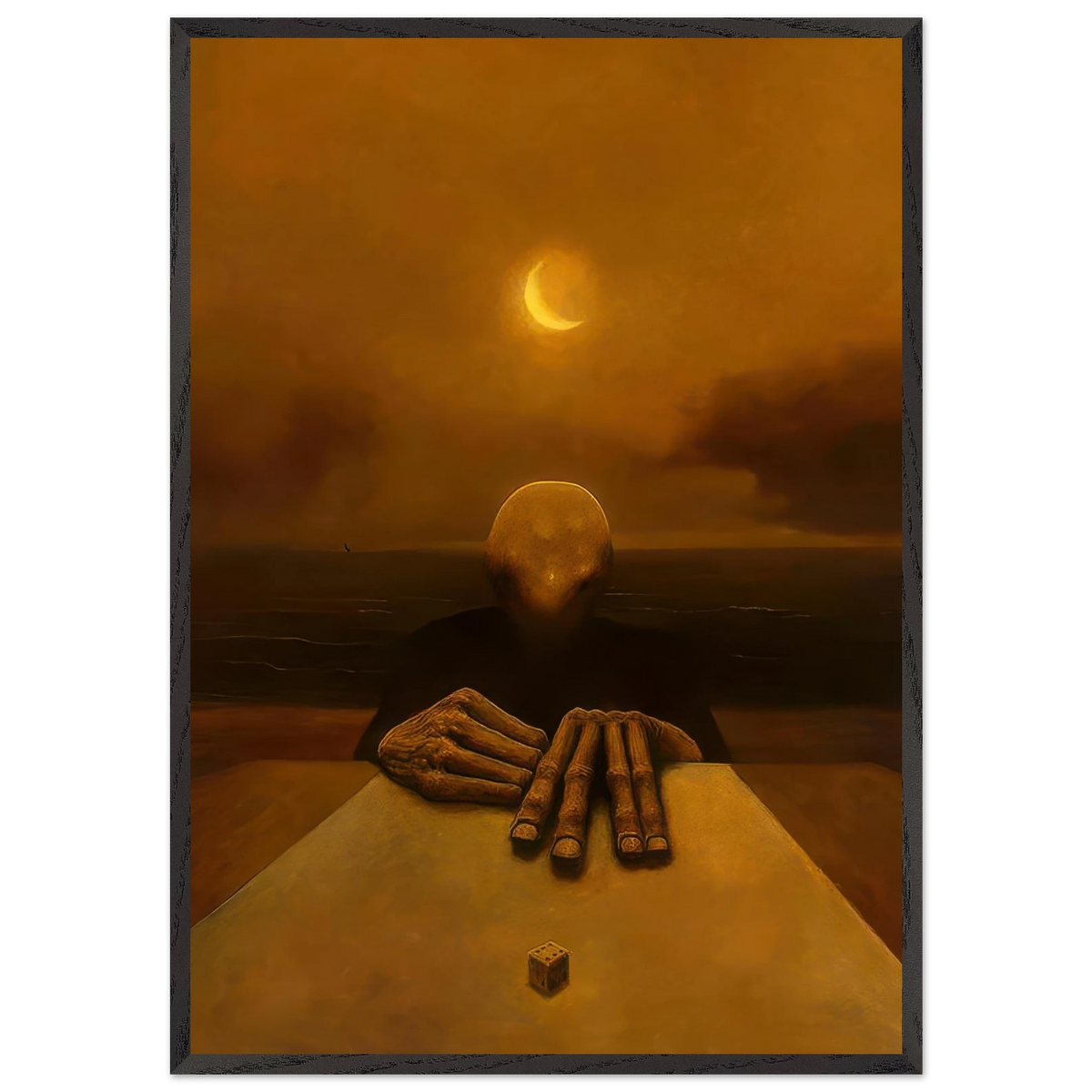 Zdzisław Beksiński Crescent Moon Figure framed print depicting a faceless seated figure with long skeletal fingers and a small die beneath an orange sky and glowing crescent moon.