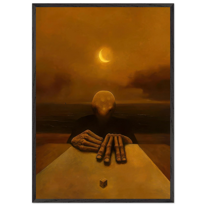 Zdzisław Beksiński Crescent Moon Figure framed print depicting a faceless seated figure with long skeletal fingers and a small die beneath an orange sky and glowing crescent moon.