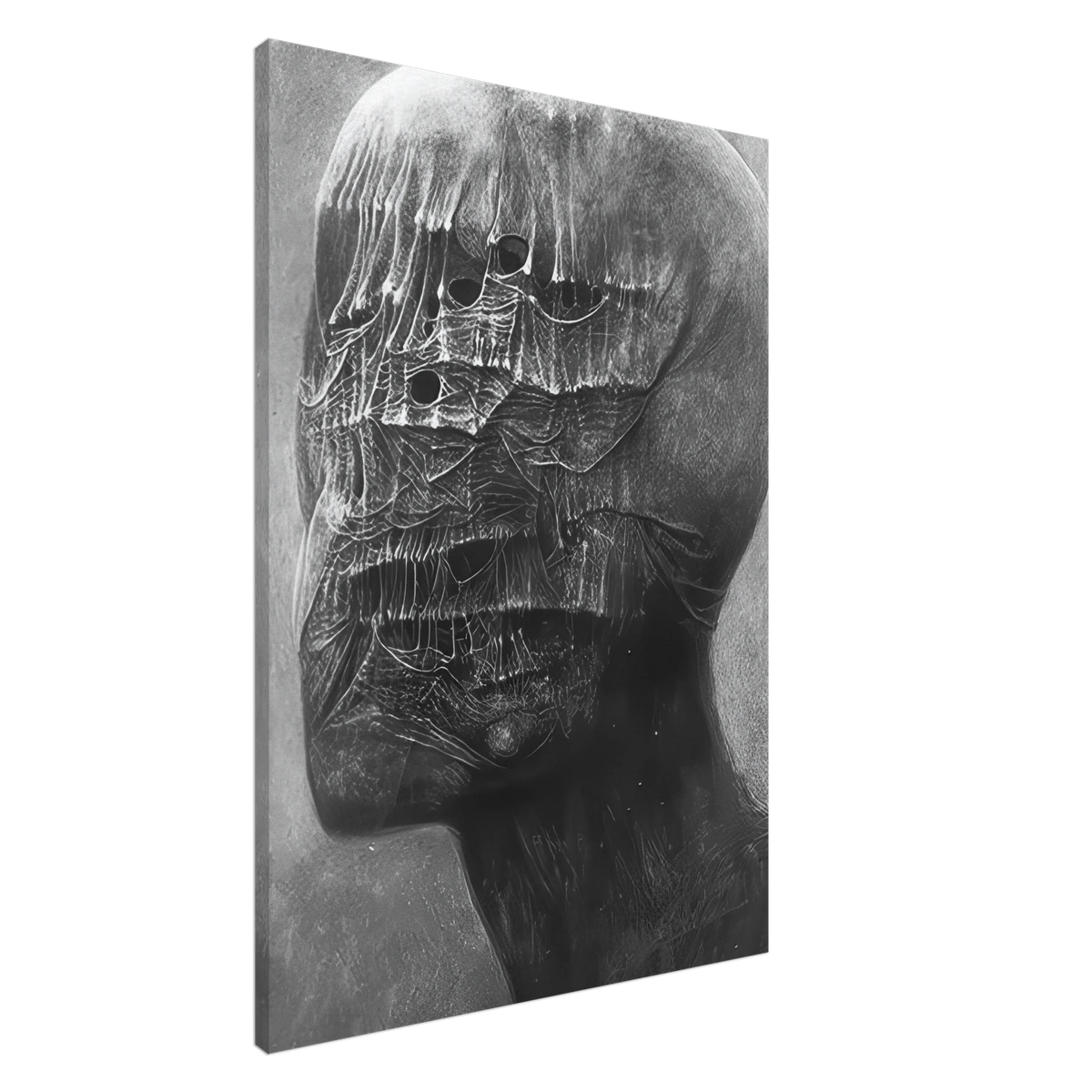 Zdzisław Beksiński Gothic Skull canvas print depicting a large monochrome skull-like head with fragmented facial features, fine web-like lines, and dramatic grayscale textures.