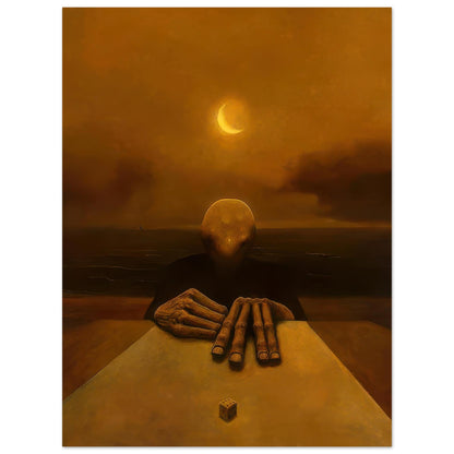 Zdzisław Beksiński The Silent Game poster depicting a faceless figure with long skeletal fingers at a table with a small die beneath a glowing crescent moon.