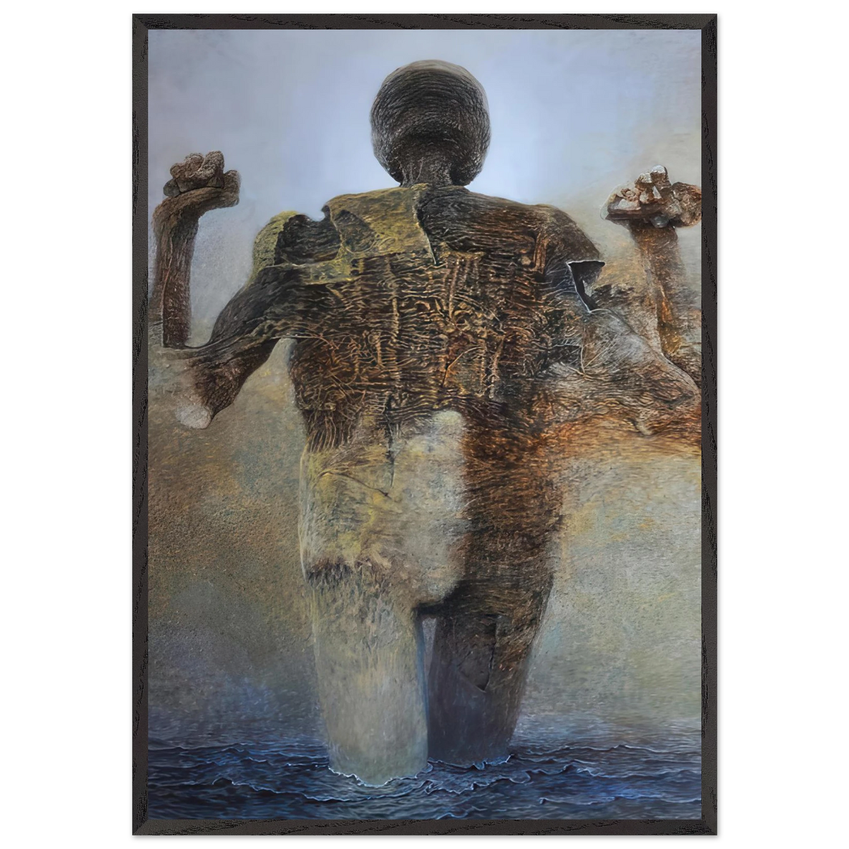 Zdzisław Beksiński Raised Arms Figure framed print showing a textured humanoid with raised arms standing in dark rippling water beneath a misty blue-gray sky.