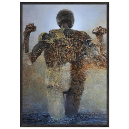 Zdzisław Beksiński Raised Arms Figure framed print showing a textured humanoid with raised arms standing in dark rippling water beneath a misty blue-gray sky.