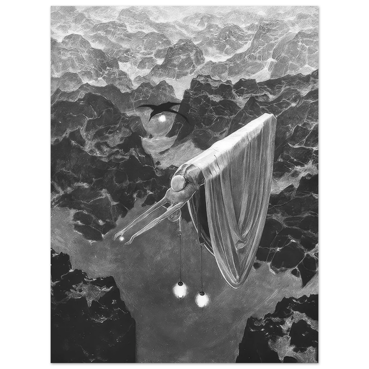Zdzisław Beksiński Veiled Bird poster featuring a mysterious long-beaked figure draped in flowing fabric above a black-and-white rocky surreal landscape.