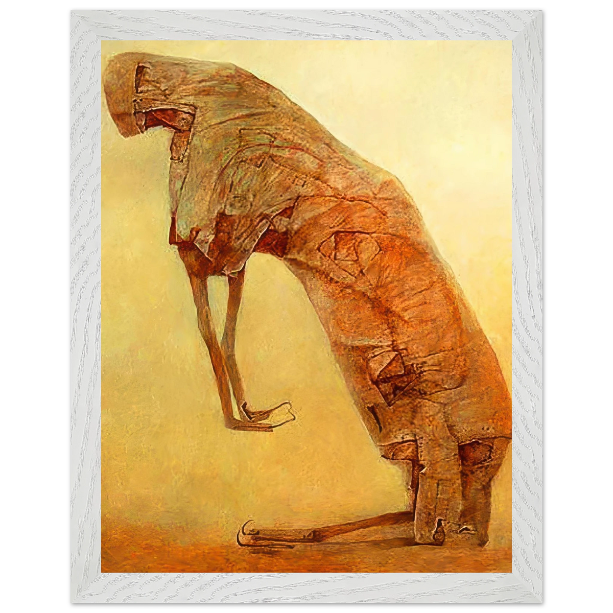 Zdzisław Beksiński Bent Figure canvas print featuring an elongated surreal figure in warm ochre, rust, and golden tones against a pale yellow background.