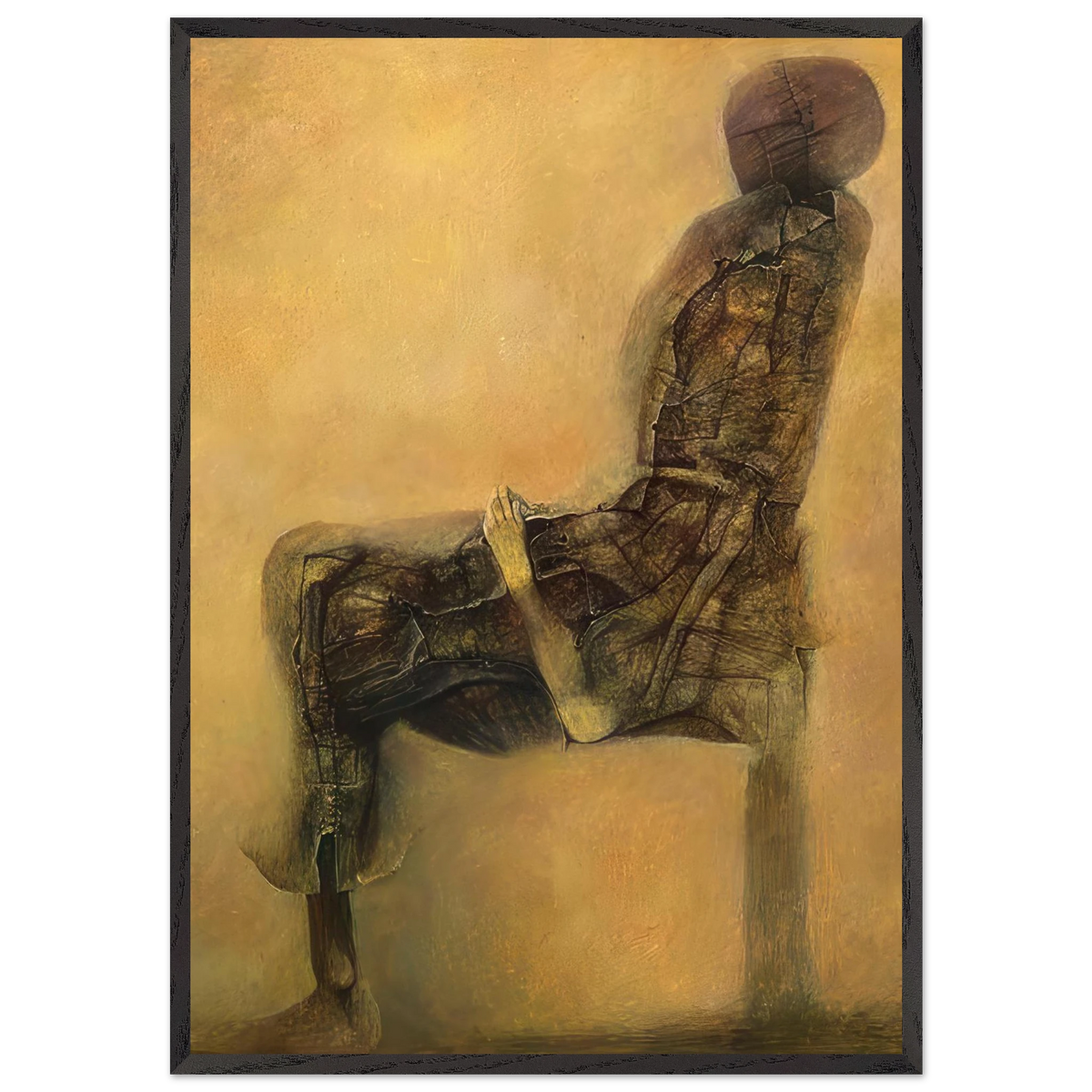 Zdzisław Beksiński Silent Figure framed print showing a faceless seated humanoid with elongated limbs and a dark weathered body against a warm ochre background.