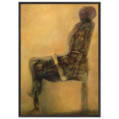 Zdzisław Beksiński Silent Figure framed print showing a faceless seated humanoid with elongated limbs and a dark weathered body against a warm ochre background.