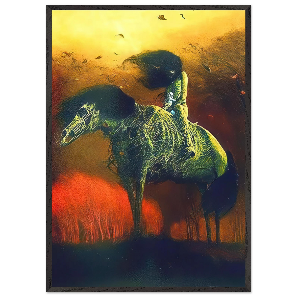 Zdzisław Beksiński surrealist wall art depicting a haunting green skeletal creature against a dramatic golden sky with flying birds and red grass.