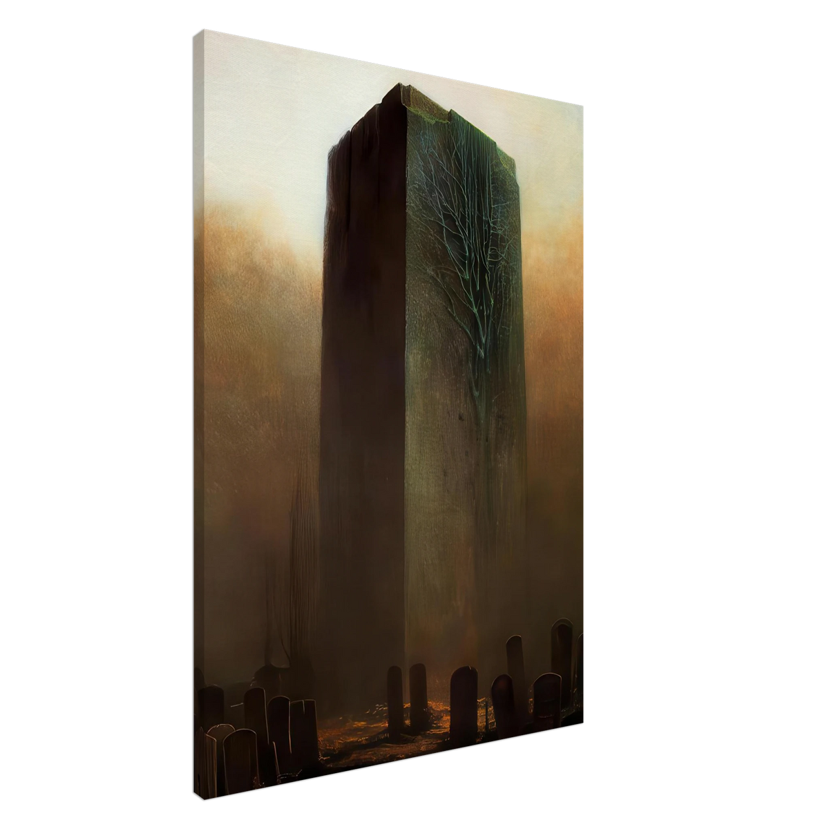 Zdzisław Beksiński Haunted Monolith canvas print featuring a gigantic dark stone-like tower with branching green lines rising above gravestones under a luminous golden sky.
