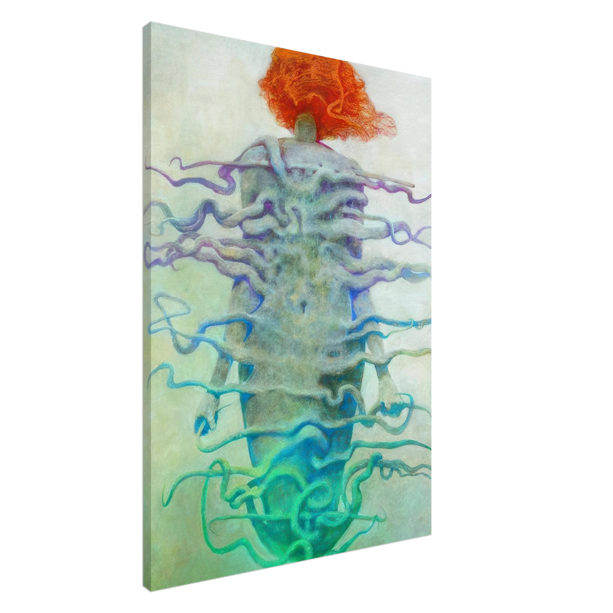 Zdzisław Beksiński Red-Haired Figure canvas print showing a mysterious figure with bright orange hair and flowing blue, turquoise, green, and violet organic shapes.