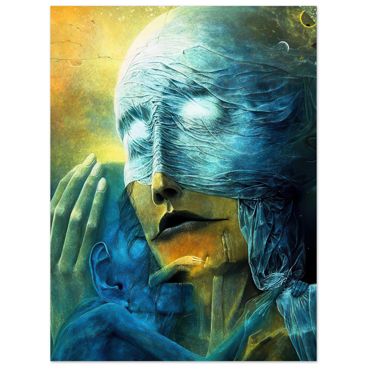 Zdzisław Beksiński Veiled Mother poster depicting a blue-veiled maternal figure embracing a child, with turquoise textures and a luminous golden-green background.
