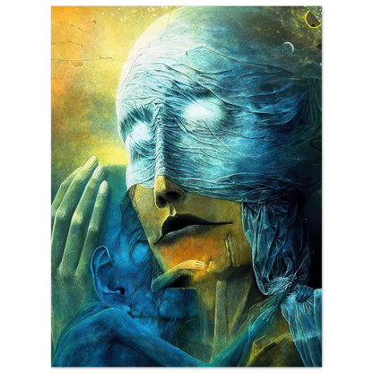 Zdzisław Beksiński Veiled Mother poster depicting a blue-veiled maternal figure embracing a child, with turquoise textures and a luminous golden-green background.
