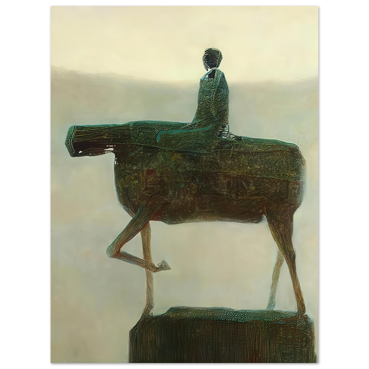 Zdzisław Beksiński surreal artwork depicting a mysterious humanoid figure riding a strange elongated horse-like creature against a pale, misty background.