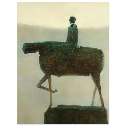 Zdzisław Beksiński surreal artwork depicting a mysterious humanoid figure riding a strange elongated horse-like creature against a pale, misty background.