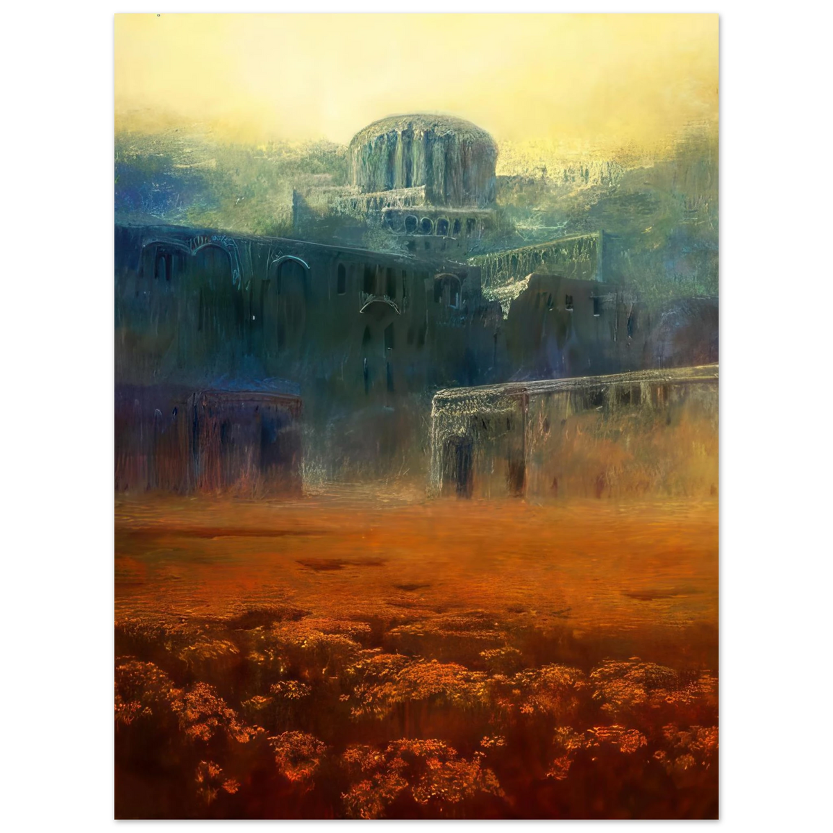 Zdzisław Beksiński Abandoned City poster featuring monumental blue-green ruins and a rounded structure above a glowing orange landscape beneath a luminous yellow sky.