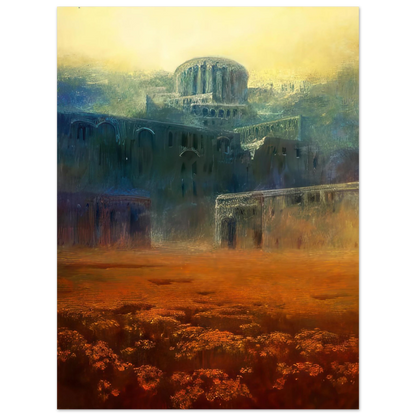 Zdzisław Beksiński Abandoned City poster featuring monumental blue-green ruins and a rounded structure above a glowing orange landscape beneath a luminous yellow sky.