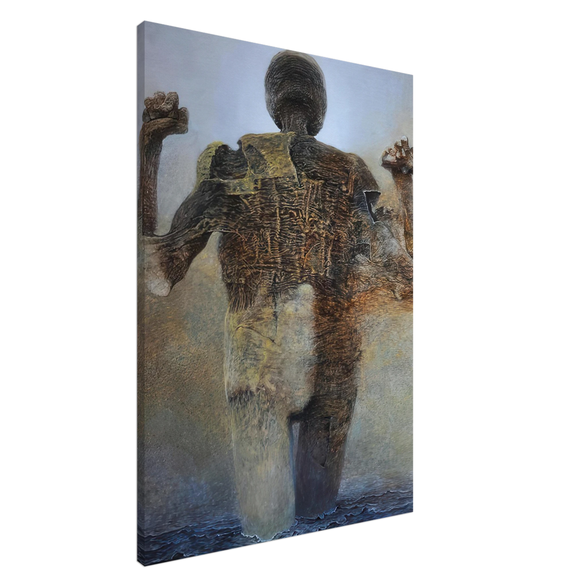 Zdzisław Beksiński Faceless Figure canvas print featuring an elongated humanoid with raised arms, a featureless oval head, and intricate brown organic textures against a muted blue-gray background.