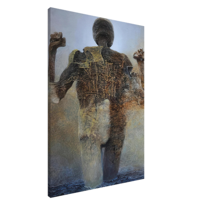 Zdzisław Beksiński Faceless Figure canvas print featuring an elongated humanoid with raised arms, a featureless oval head, and intricate brown organic textures against a muted blue-gray background.