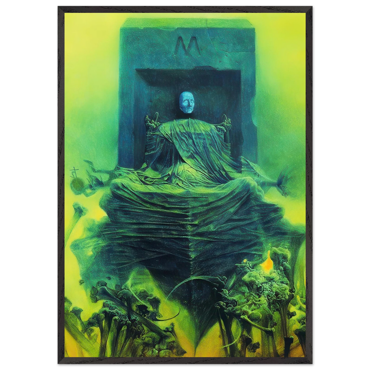 Zdzisław Beksiński Untitled Seated Figure canvas print featuring a ghostly pale figure draped in green fabric within a dark surreal structure surrounded by vivid yellow-green light.