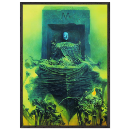 Zdzisław Beksiński Untitled Seated Figure canvas print featuring a ghostly pale figure draped in green fabric within a dark surreal structure surrounded by vivid yellow-green light.