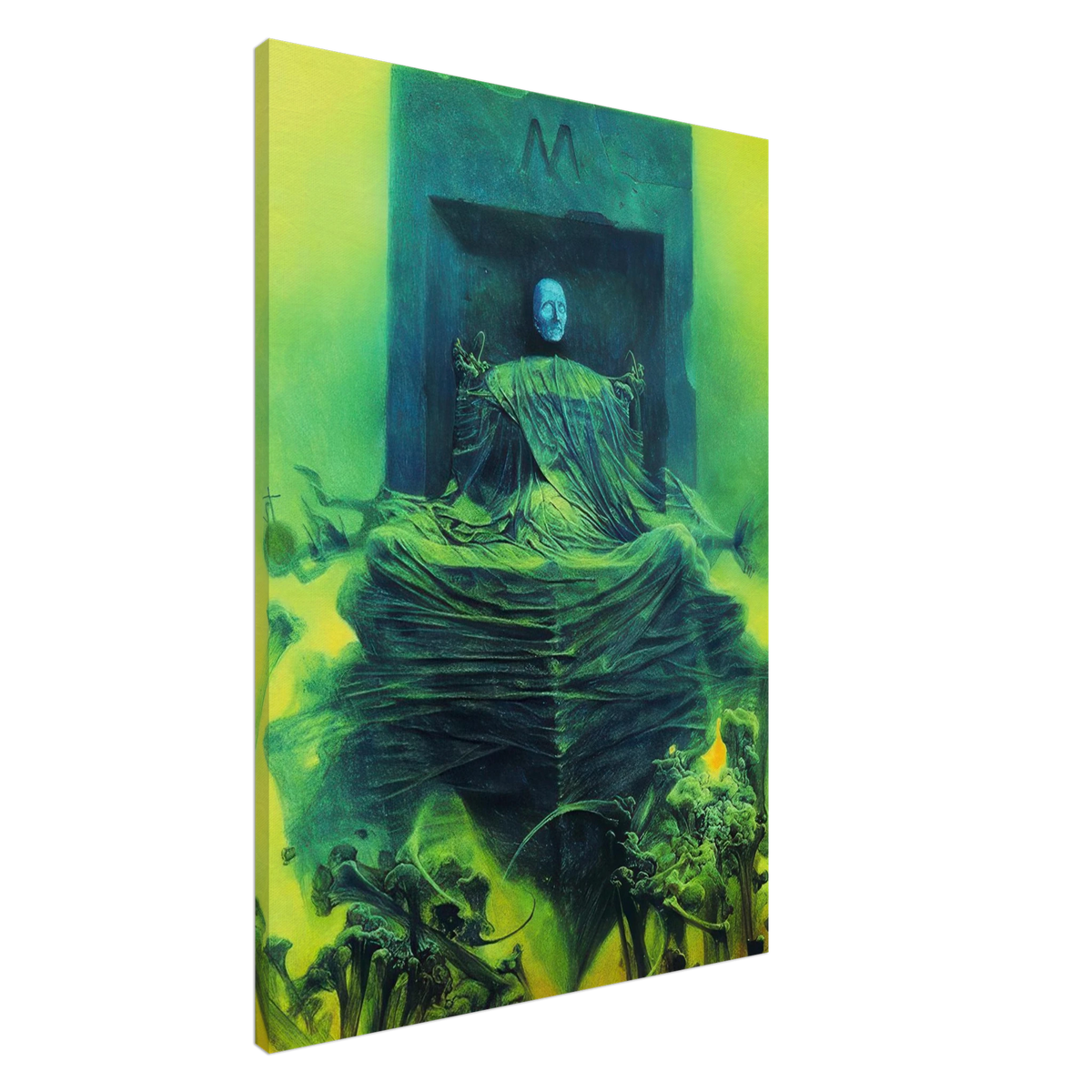 Zdzisław Beksiński Untitled Seated Figure canvas print featuring a ghostly pale figure draped in green fabric within a dark surreal structure surrounded by vivid yellow-green light.