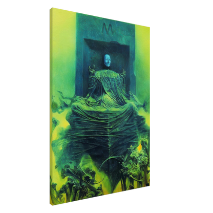 Zdzisław Beksiński Untitled Seated Figure canvas print featuring a ghostly pale figure draped in green fabric within a dark surreal structure surrounded by vivid yellow-green light.