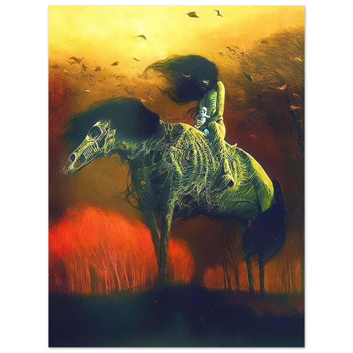 Zdzisław Beksiński surreal artwork featuring a skeletal horse-like creature with intricate green textures beneath a glowing yellow and orange sky.
