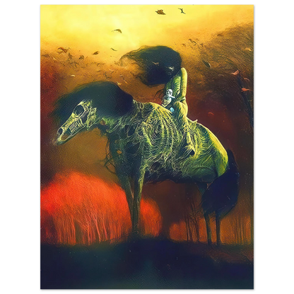 Zdzisław Beksiński surreal artwork featuring a skeletal horse-like creature with intricate green textures beneath a glowing yellow and orange sky.
